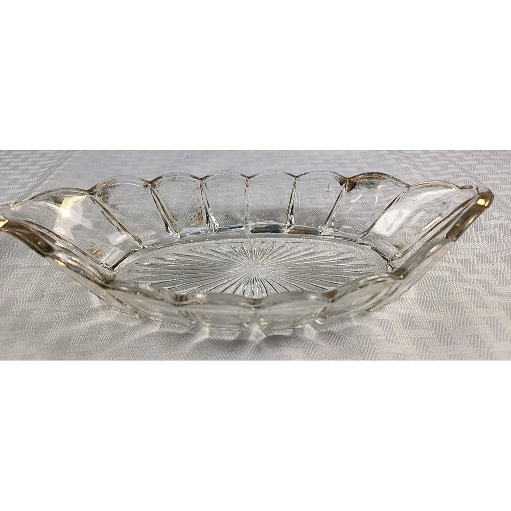 Vintage Pressed Glass Oval Relish Dish Scalloped Gold Brushed Rim Starburst Base